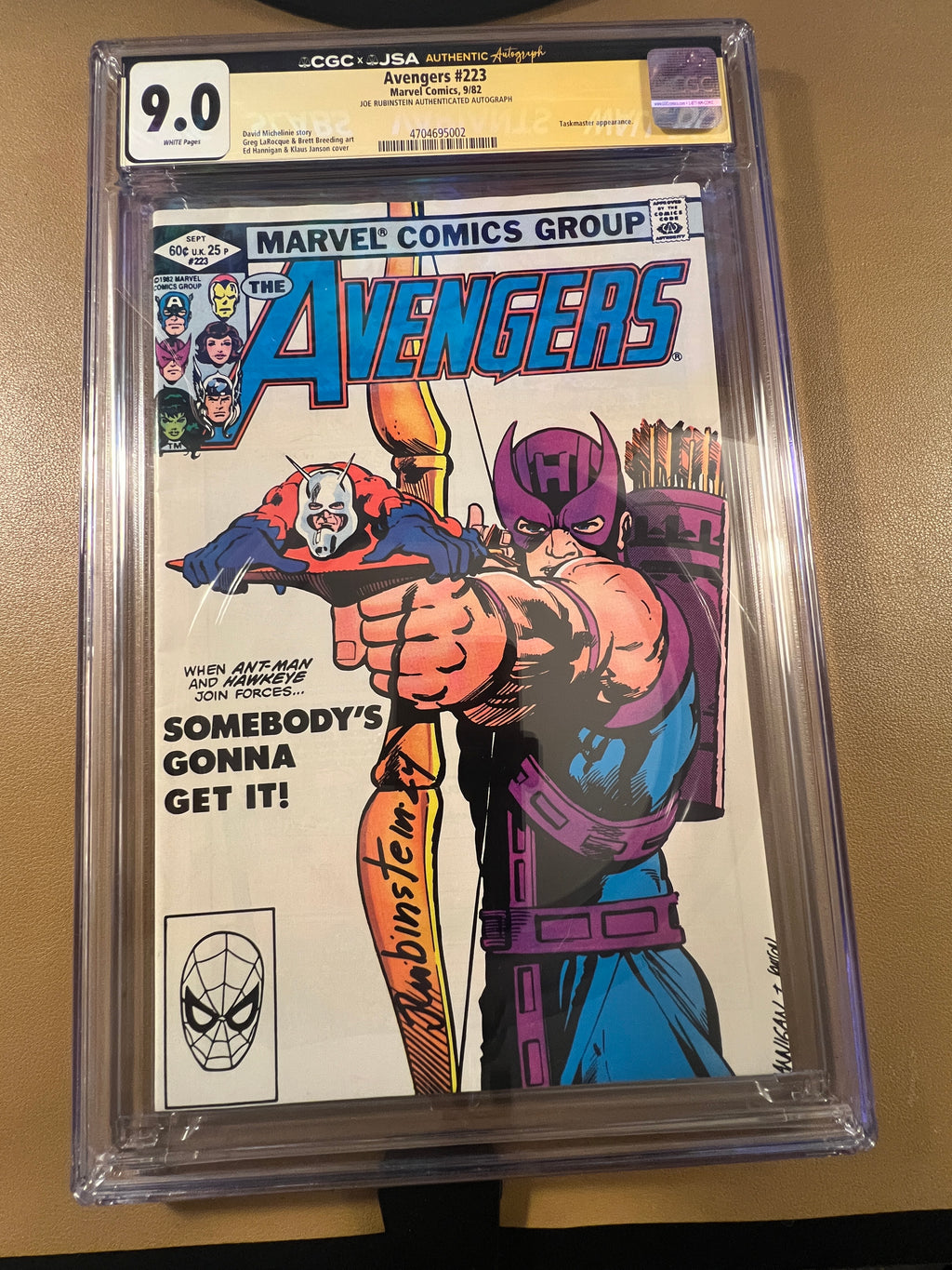 Avengers #223 CGC 9.0 Signed Joe Rubinstein JSA Hawkeye Taskmaster Marvel 1982